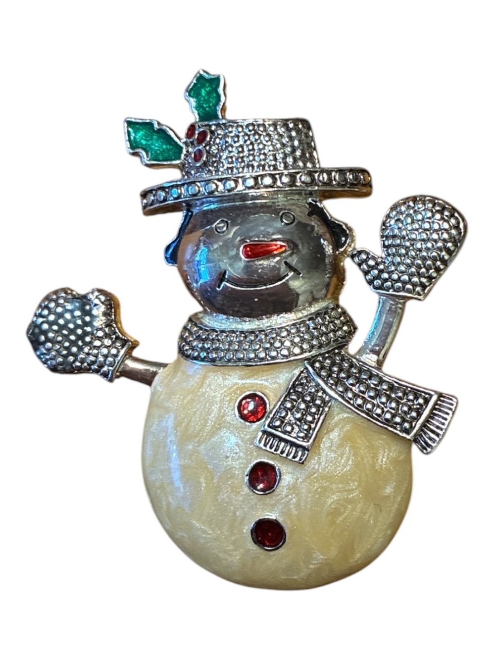 Kenneth Cole Silver-Tone Snowman Brooch with Cream Body and Green & Red Accents